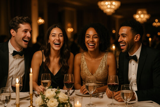 Group of friends laughing at a table in a cozy cafe, surrounded by steaming mugs and colorful pastries.