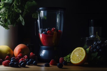 Blender filled with berries and fruit smoothie surrounded by fresh fruits and herbs on wooden table.