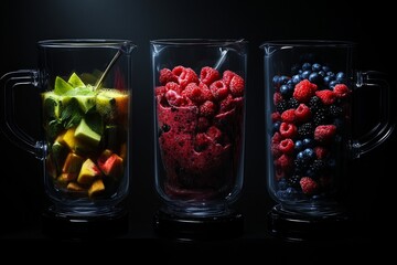 Three glass blenders filled with colorful fresh fruits, berries and smoothie mix ready for healthy drink.