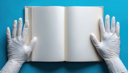 Open book held by gloved hands on a blue surface