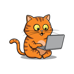 Funny Cute Orange Tabby Cat on Laptop Clipart Joyful Cartoon Cat Typing Illustration