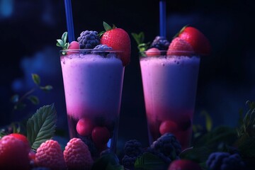 Two berry smoothies in tall glasses with foam and fresh fruits, surrounded by leaves in dark lighting.