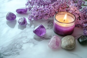 Purple candle with lilac flowers and healing crystals on marble background, peaceful spa atmosphere.
