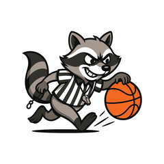 Sneaky Raccoon Basketball Referee Clipart Funny Cartoon Animal Dribbling in Striped Uniform