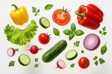 Vegetables flying in the air, vibrant colors and shapes creating a dynamic scene, symbolizing freshness and healthy eating.