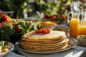 Stack of pancakes topped with yellow cherry tomatoes surrounded by fresh salad and juice on table.