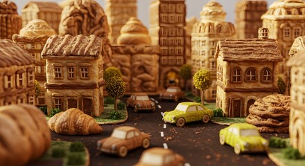 Obraz premium Whimsical Bread Cityscape Miniature Bakery Town