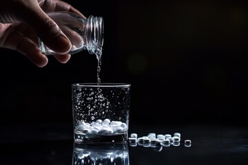 Water being poured into glass filled with white tablets, creating bubbles, on dark reflective surface.