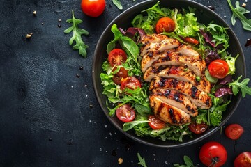 Grilled chicken breast sliced on fresh green salad with cherry tomatoes served in black bowl on table.