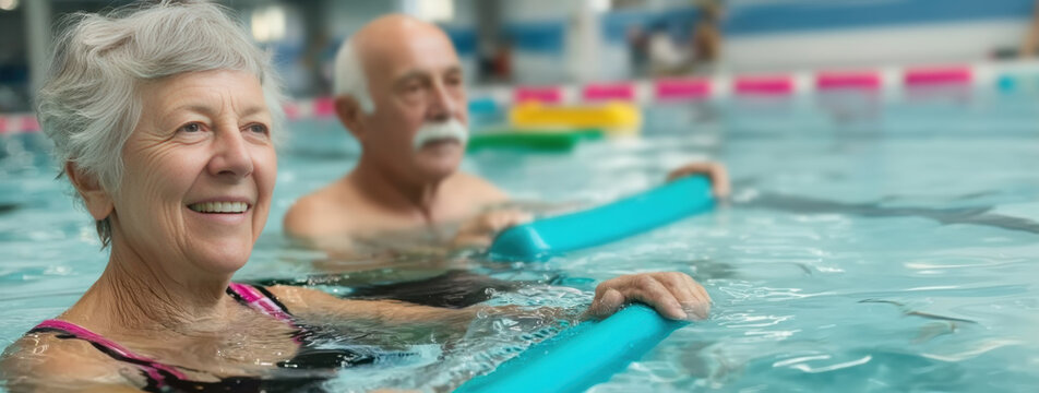 Cheerful elderly couple in indoor pool exercising with foam noodles during water fitness routine. Concept of sport, competition, aqua, health, longevity, and low-impact training.