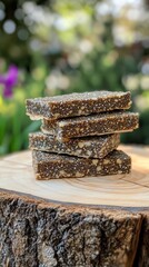 Stack of homemade chia seed and nut energy bars on wooden surface with natural outdoor background.