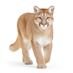 Fototapeta premium Powerful cougar walks directly toward viewer against simple white background.