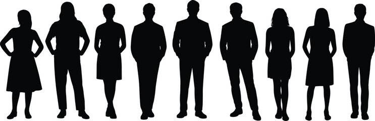 Silhouette of diverse business people, standing in line, professional team illustration, corporate group, gender diversity, leadership, teamwork, unity