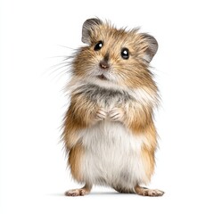 Fototapeta premium Brown harvest mouse stands on hind legs looking forward in studio shot.