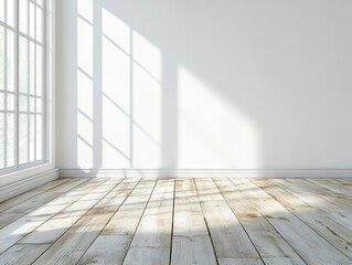 Sunlit empty room with large window and wooden floor