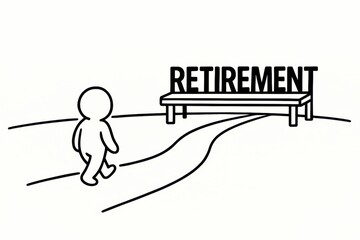 stick figure walking on winding path toward retirement bench concept art