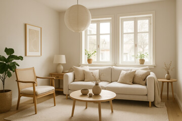 White living room with a modern white couch, colorful pillows, wooden coffee table, and large potted plants, creating a fresh and inviting atmosphere.