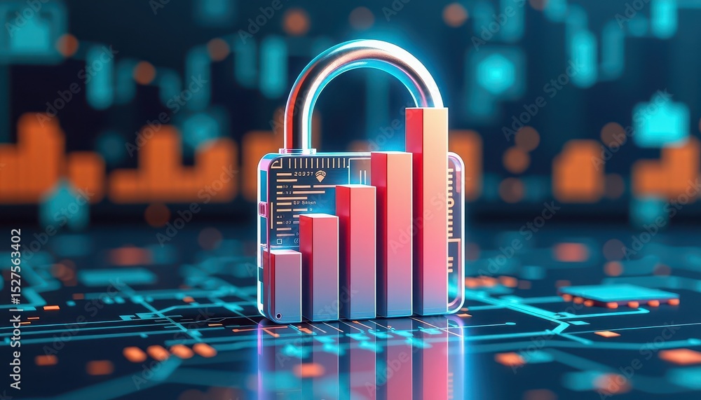 Poster safety financial progress concept. digital padlock overlaying graphs, symbolizing data security and 