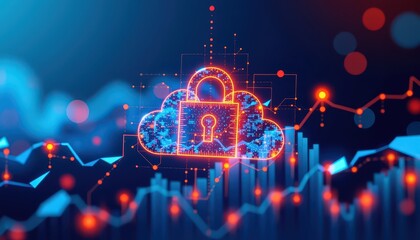 Safety financial progress concept. Digital cloud security graphic with data visualization elements and lock symbol.