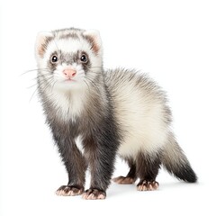 Adorable ferret stands against white background looking towards the camera.