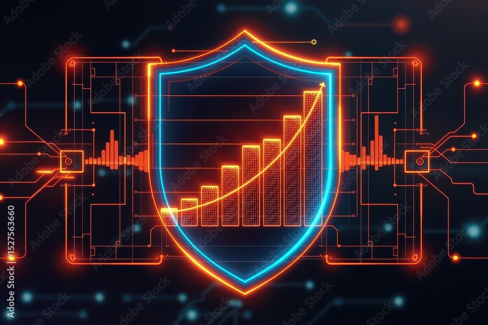 Poster safety financial progress concept. digital shield icon integrated with data visualization and circui