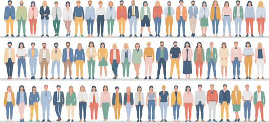 Diverse business people group illustration, corporate team diversity concept, professional staff lineup, multicultural office workers, standing together, teamwork unity