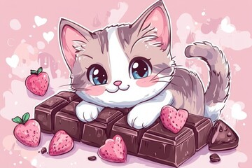 Cute cartoon kitten with big eyes laying on chocolate bars with strawberries on pink background.