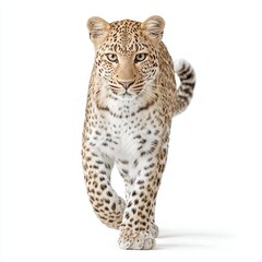 Fototapeta premium A leopard walks forward while looking at the camera on a white background.