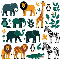 Illustration of various animals including elephants lions zebras giraffe penguin and alligator with leaves created with generated ai