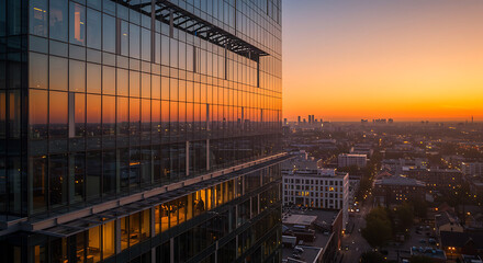Fototapeta premium Sunset cityscape view reflecting on modern glass building