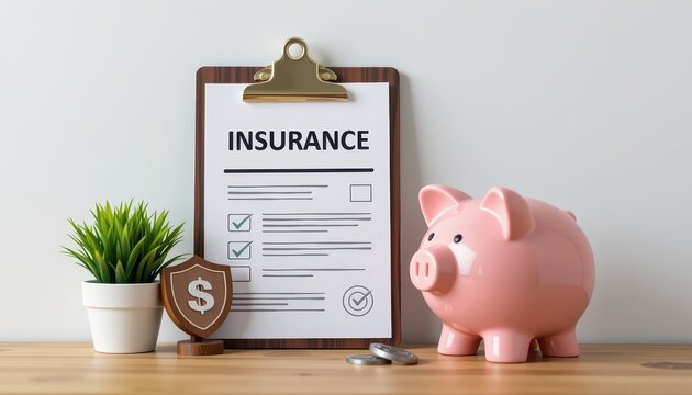 Safety financial progress concept. Insurance document and piggy bank on a wooden table with a plant.