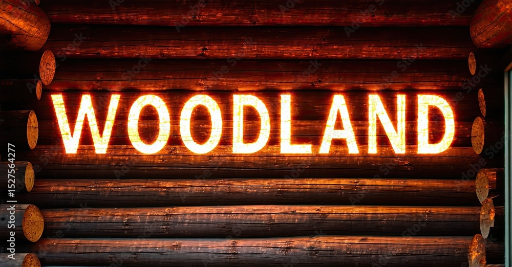 Aufkleber rustic sign displays woodland in bright lights. background features stacked logs, creating warm ambi