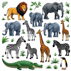Obraz premium Illustration of various african animals including lion elephants zebras giraffes and an alligator penguin created with generated ai