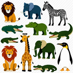 Naklejka premium Illustration of various animals including lions elephants crocodiles and a giraffe on a white background created with generated ai