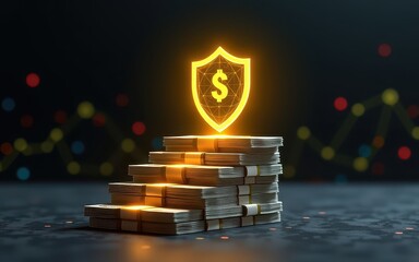 Safety financial progress concept. Digital representation of money stacks with a shield symbolizing security and finance.
