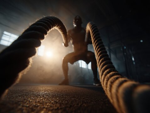 A man is pulling a rope in a gym