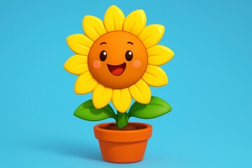 Smiling Sunflower in Pot 3D Cartoon Character on Blue