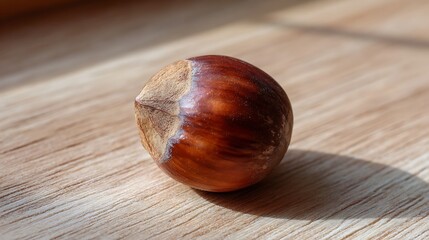 A single hazelnut resting on a wooden surface, illuminated by natural light.