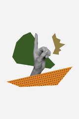 Vertical 3d poster trendy image artwork collage of human hand show non-verbal gesture communication...