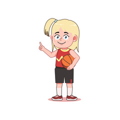 Blonde Cute Little Girl Cartoon Playing Basketball Pointing Up