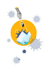 Pop image sketch 3d collage poster of hand hold protection mask epidemic fly microbe virus...