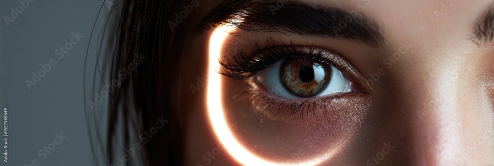 Poster glowing ring light reflected in the eye of a photographer in a clean visual space during a creative 