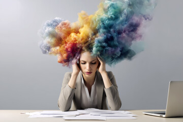 Stressed young businesswoman holding her head in frustration, a swirling cloud of anxieties and frustrations