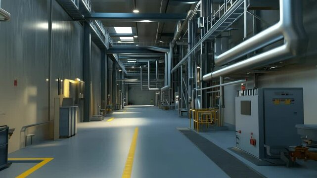 Industrial corridor connecting sections of manufacturing plant with pipes and machinery