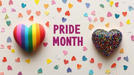 Two colorful hearts with rainbow and dotted patterns surrounded by multicolored paper hearts celebrating LGBTQ+ Pride Month Generative AI