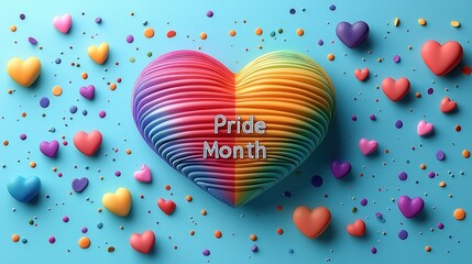 layered rainbow heart with Pride Month text surrounded by colorful hearts and confetti on a blue background Generative AI