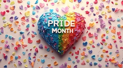 Colorful heart made of rainbow petals celebrating LGBTQ+ Pride Month with scattered multicolored hearts and flower petals Generative AI