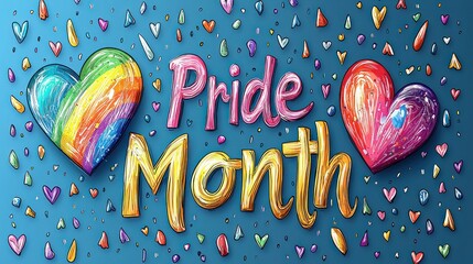 Colorful artistic Pride Month illustration with vibrant painted hearts and bold textured lettering on blue background with rainbow elements Generative AI