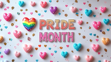 Colorful hearts and confetti with Pride Month text in rainbow and pink tones on a white background Generative AI