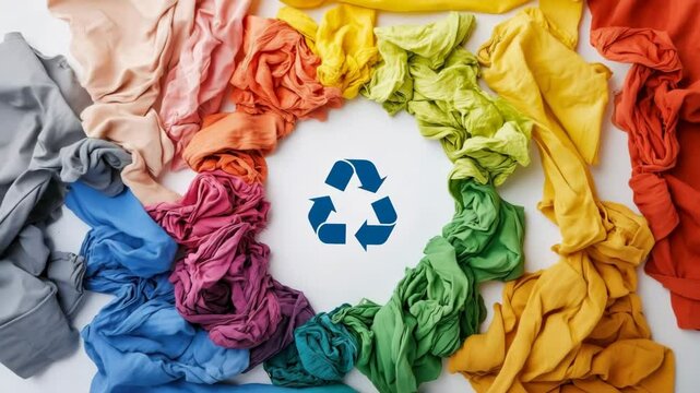 Recycling clothes concept featuring colorful fabrics arranged around recycling symbo
